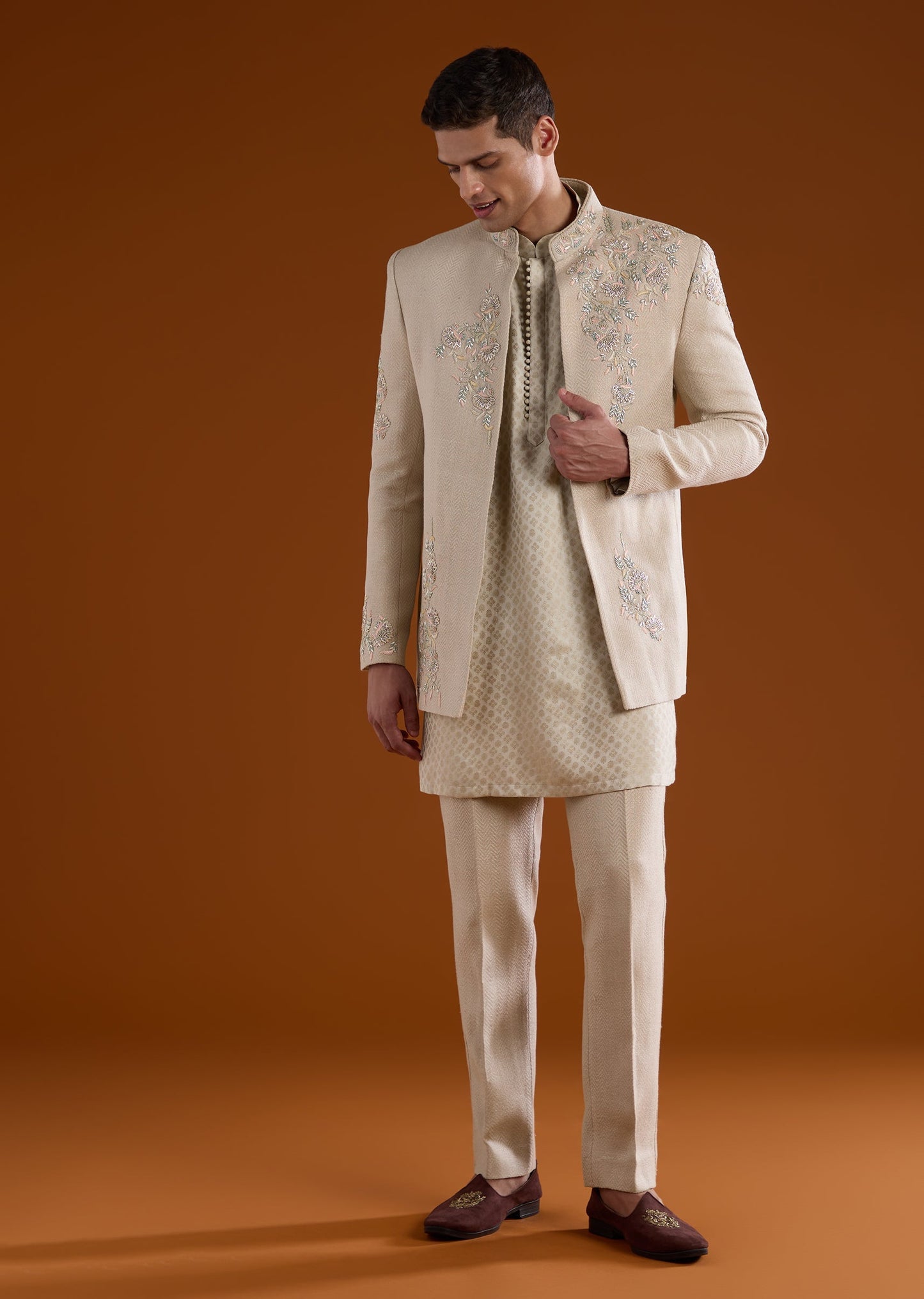 Beige Kurta Jacket Set With Thread Sequins And Cut Dana Work