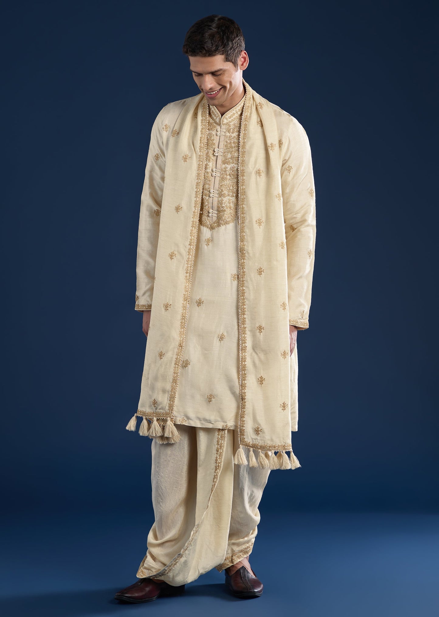 Beige Kurta with Dhoti & Dupatta Muhurtham Set