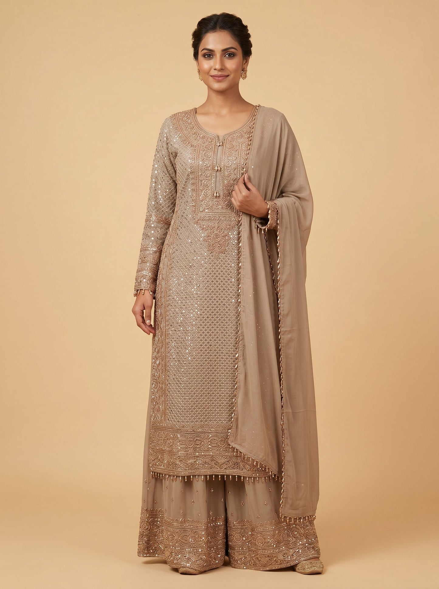 Beige Kurti Pant Set Suit