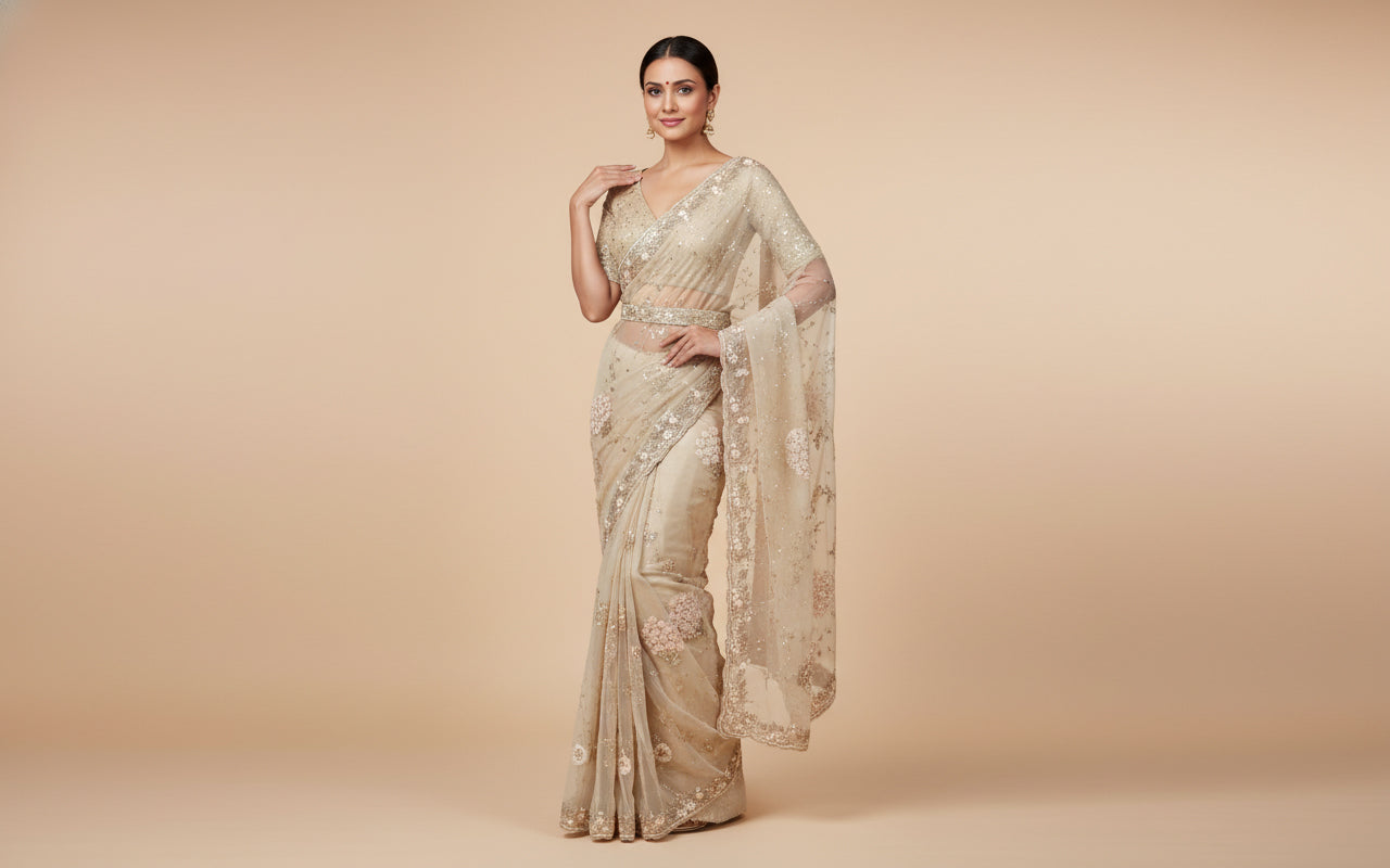 Beige Muted Embroidered Saree