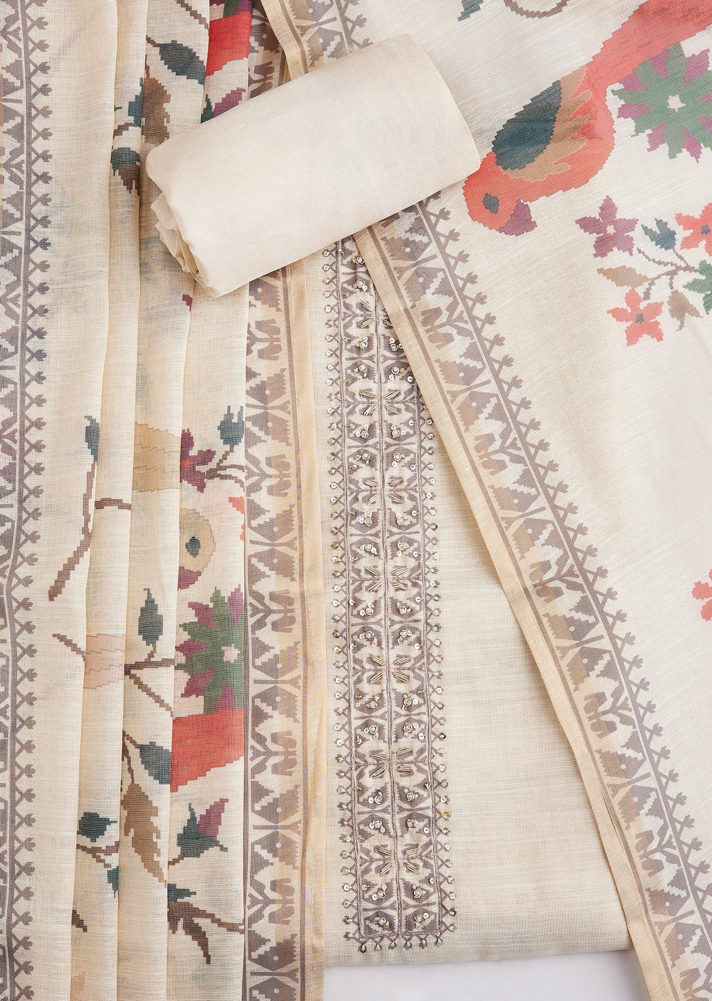 Beige Linen Printed Unstitched Suit Set With Dupatta