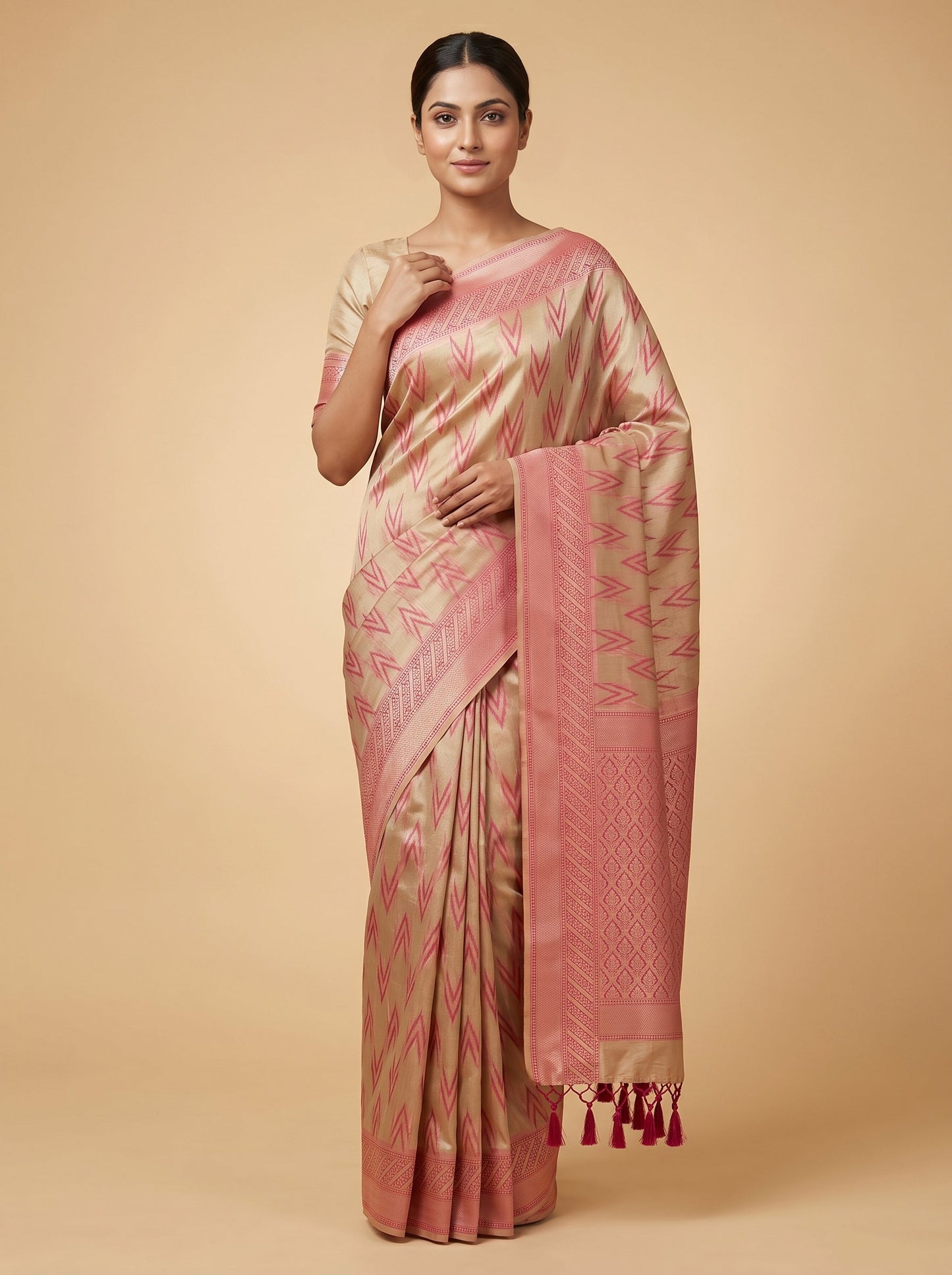 Beige Maroon Dual Heritage Handloom Saree
