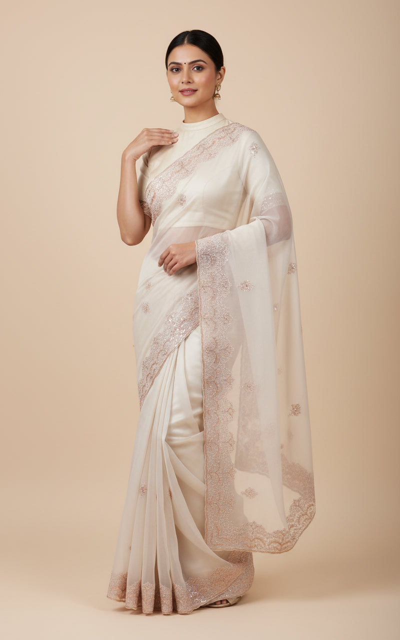 Beige Clean Embroidered Saree