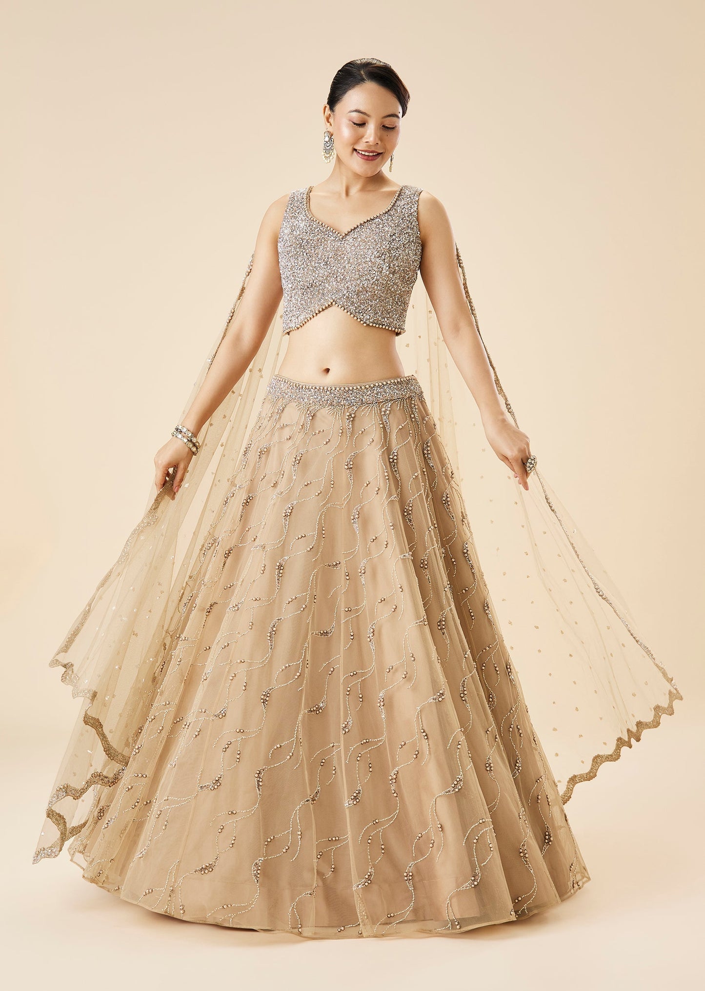 Beige Pastel Embroidered Lehenga Set With Dupatta