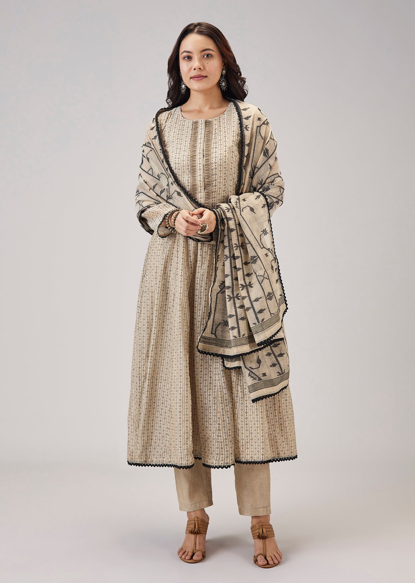 Beige Chanderi Hand Crafted Anarkali Suit Set