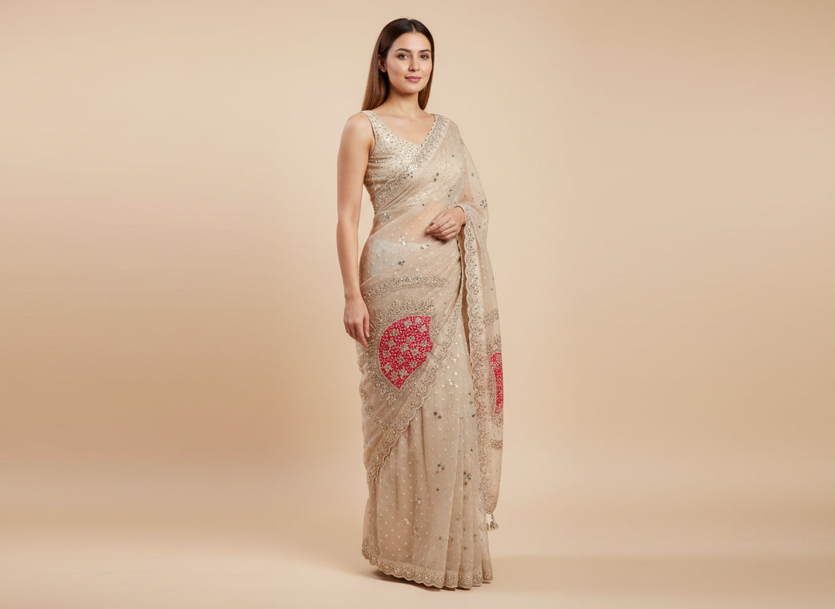 Beige Rani Blend Embroidered Saree
