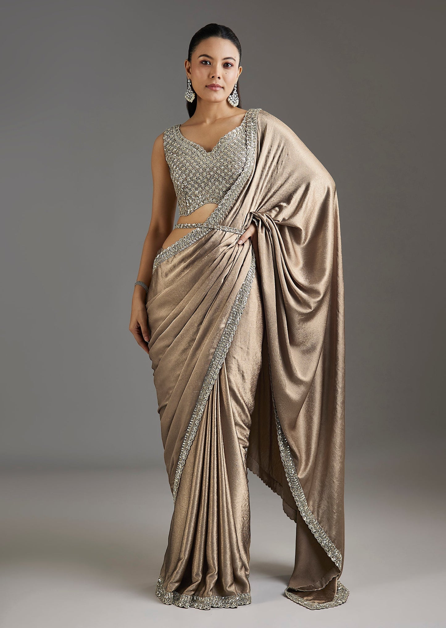 Beige Rose Gold Chiffon Saree With Embellished Border