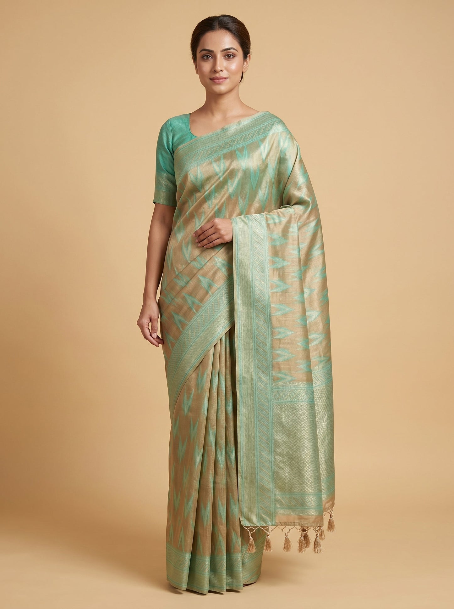 Beige Sea Blue Coastal Blend Handloom Saree