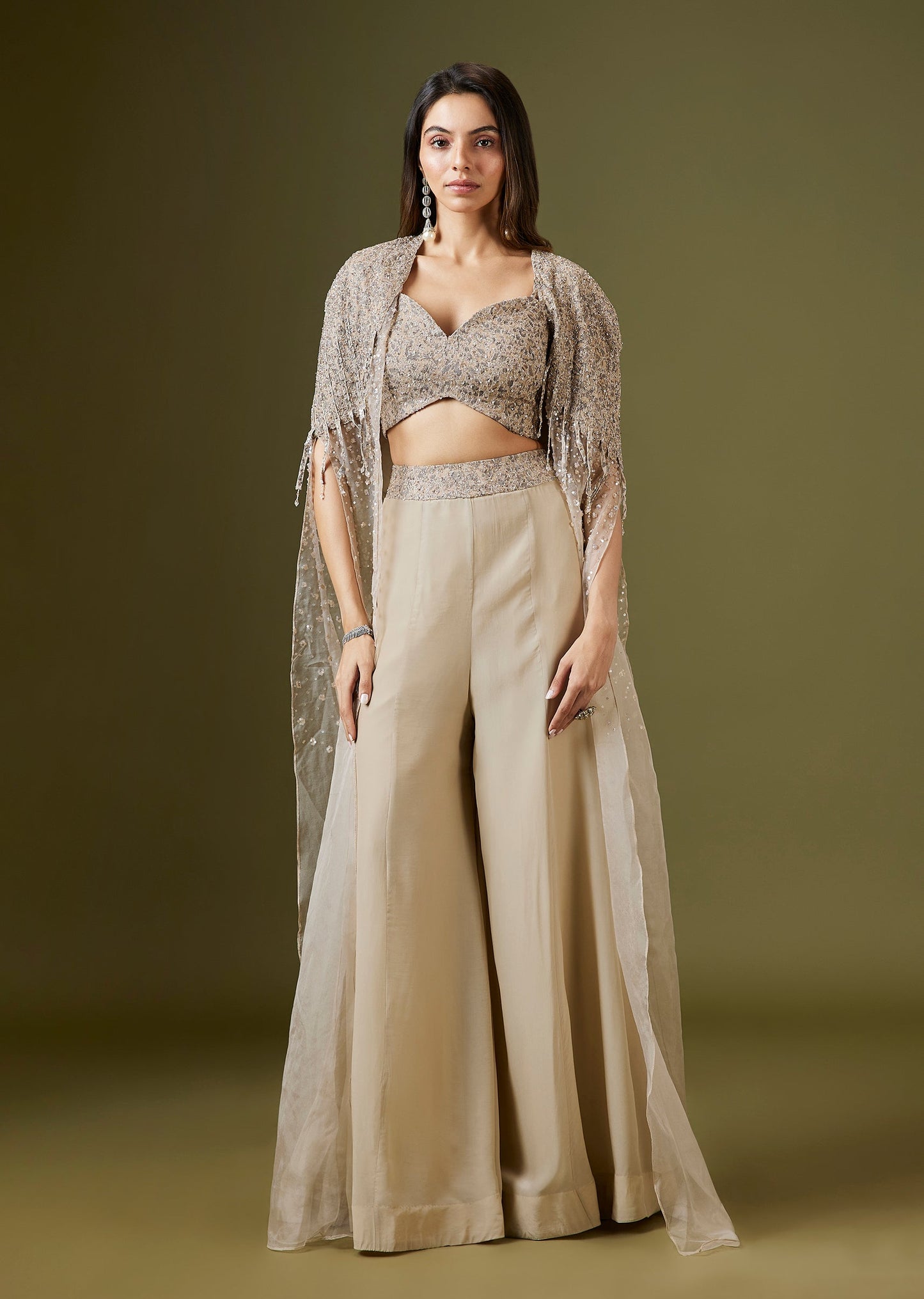 Beige Sequinned Crop Top Palazzo Set With Organza Cape