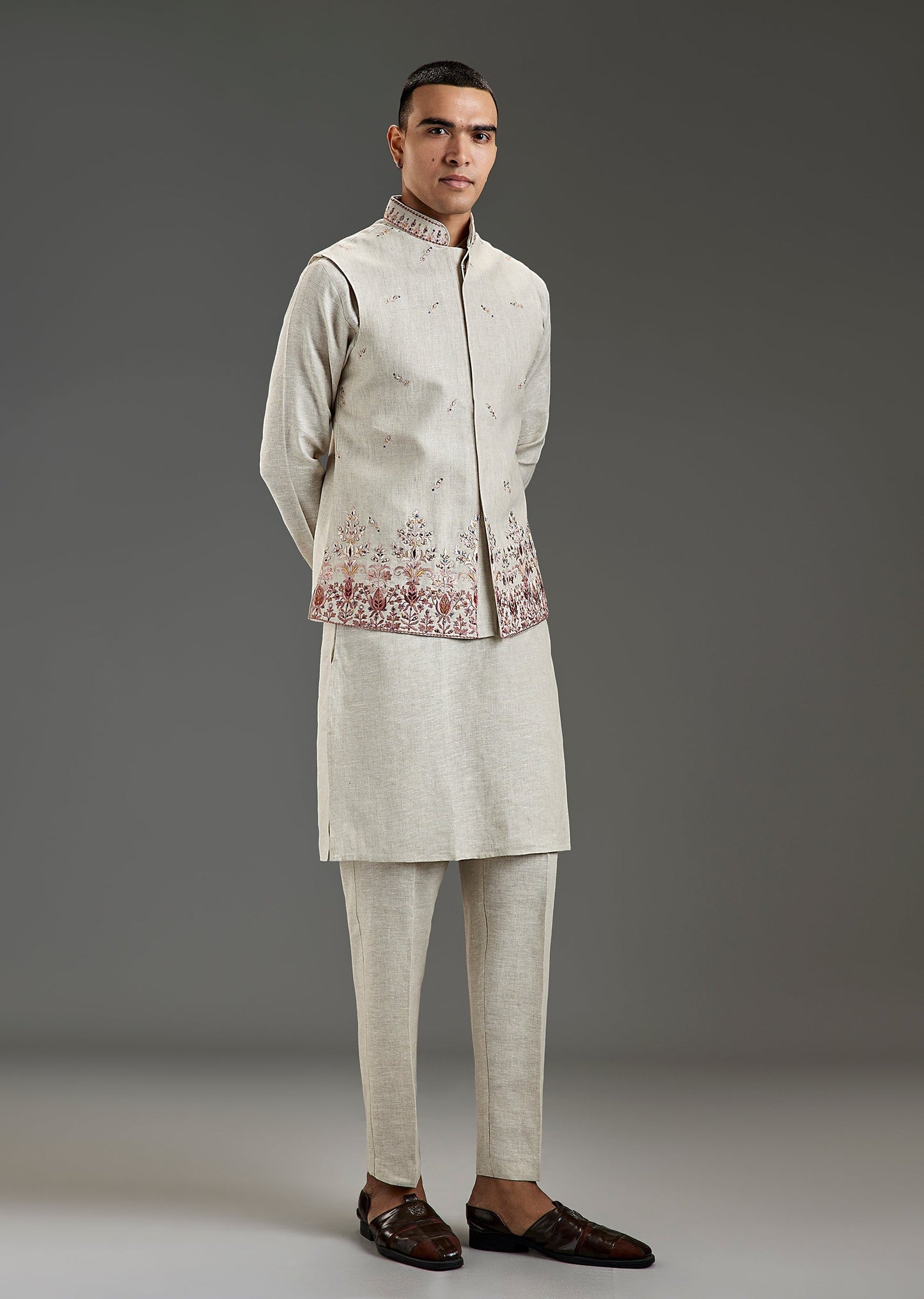 Beige Silk Kurta Jacket Set With Resham Mirror Work