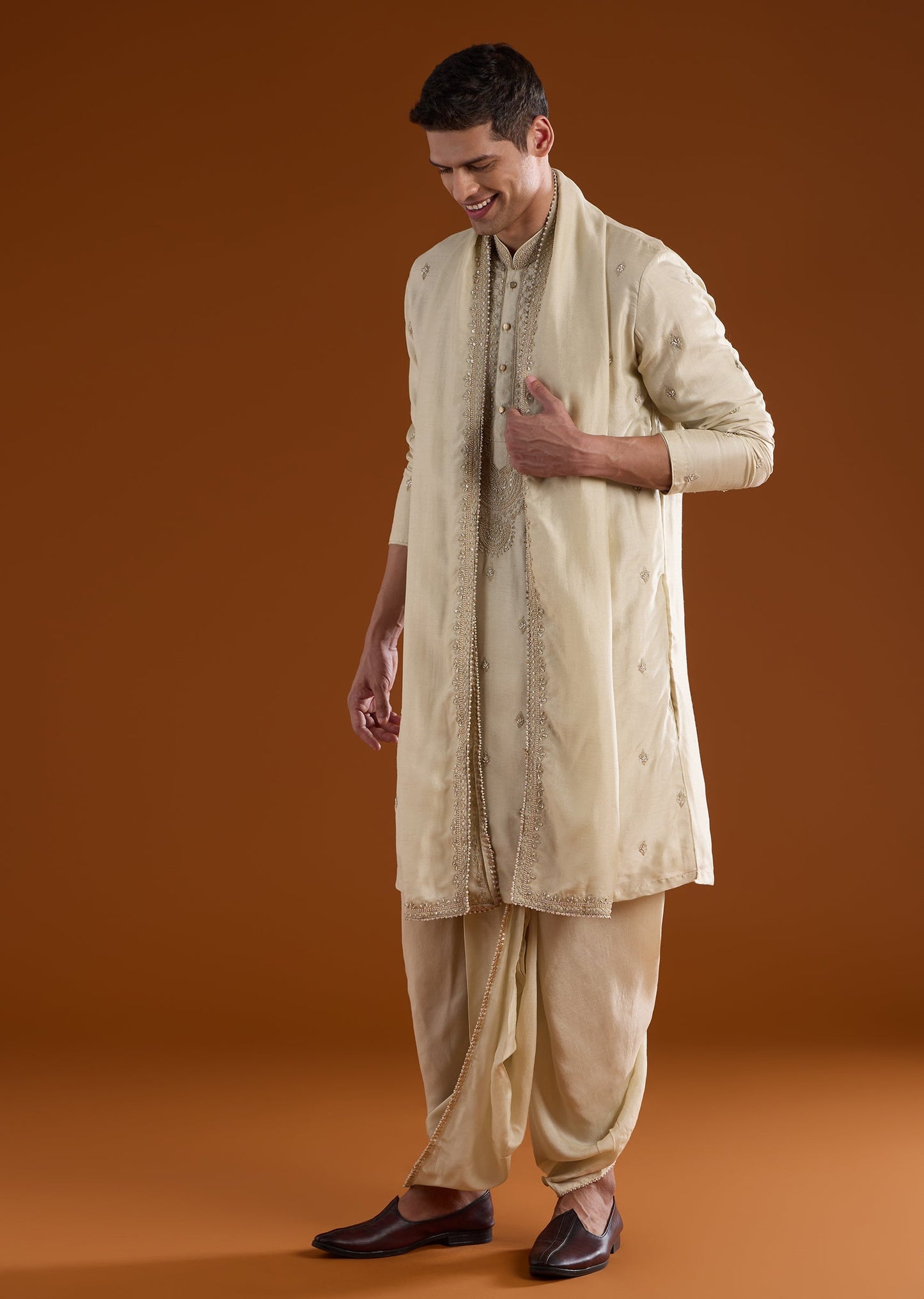 Silk Beige Kurta Dhoti Set With Moti And Sequins Work for Muhurtham