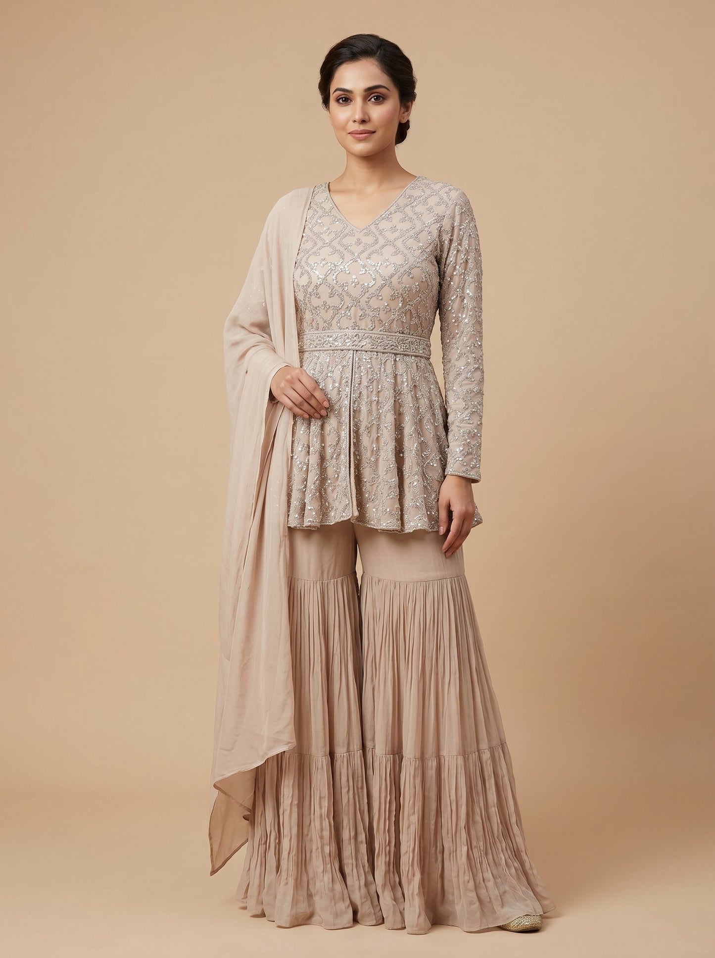 Beige Silk Sharara Set