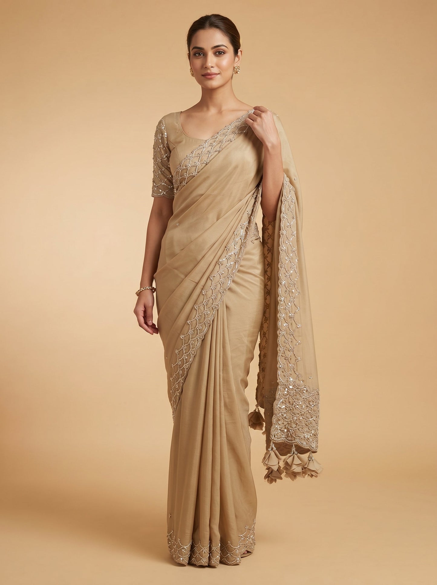 Beige Simple Work Embroidered Saree