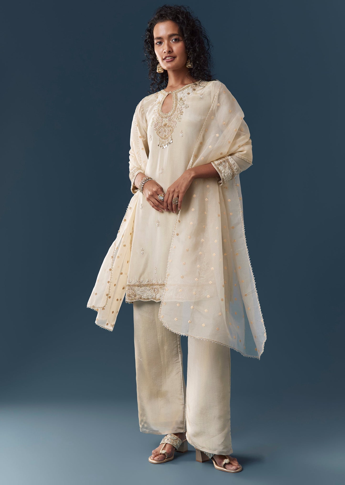 Beige Tissue Kurta Pant Set With Dupatta