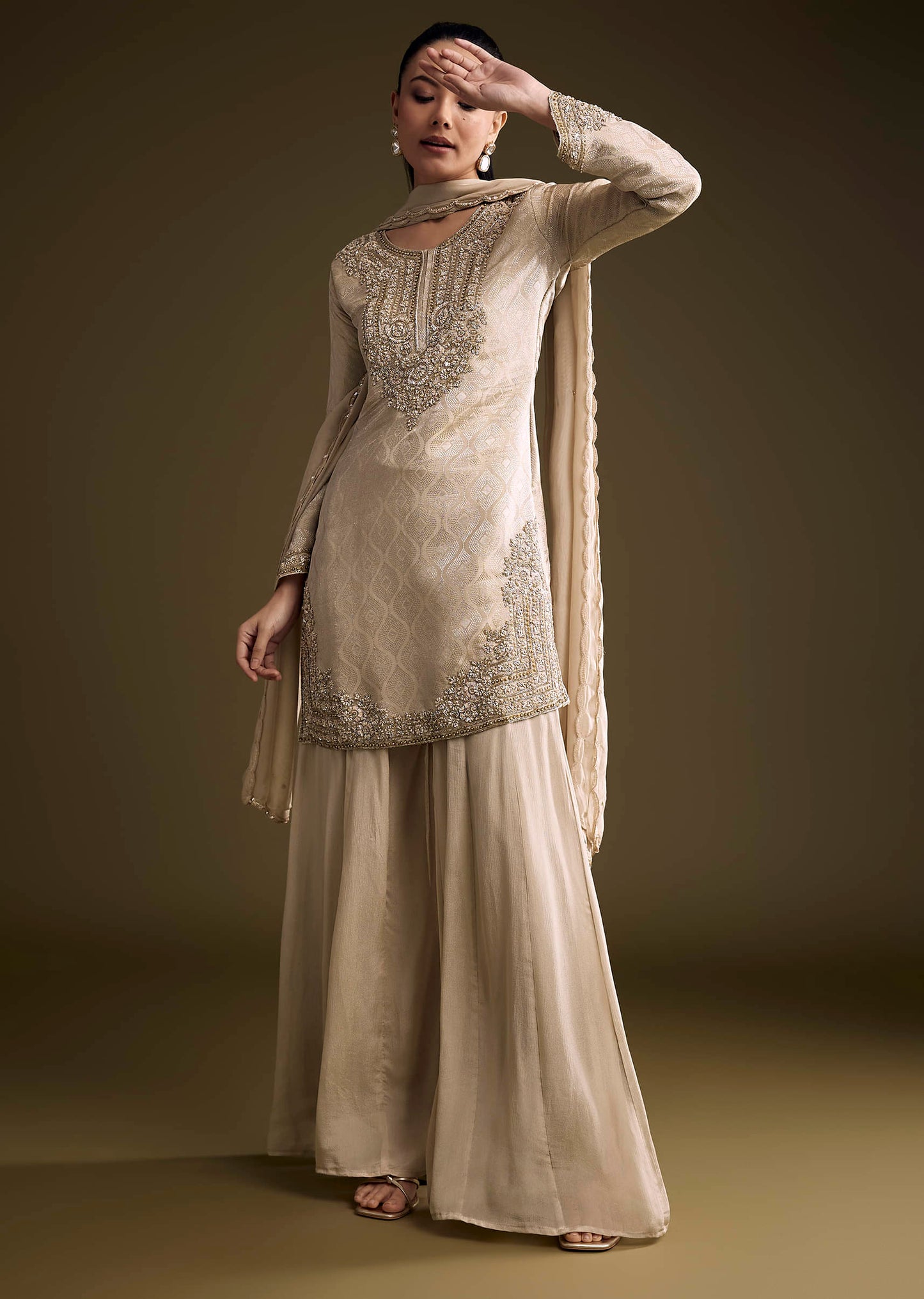 Beige Tissue Palazzo Suit With Banarasi Weave And Sequins Embroidery