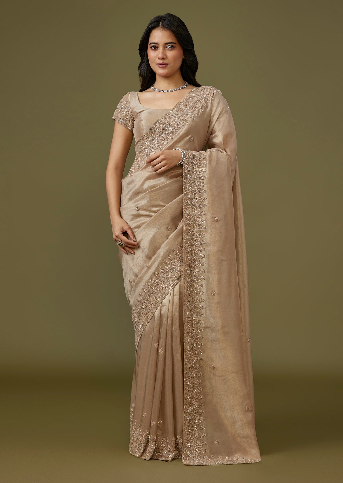 Beige Tissue Silk Saree With Broad Border