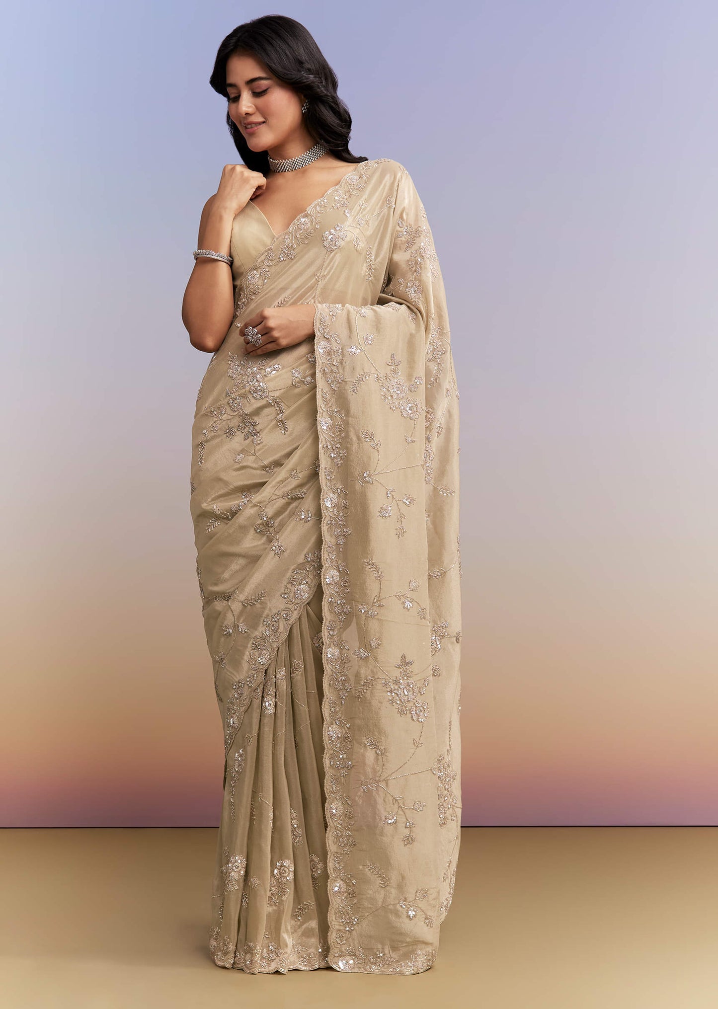 Beige Tissue Silk Saree With Heavy Hand Work
