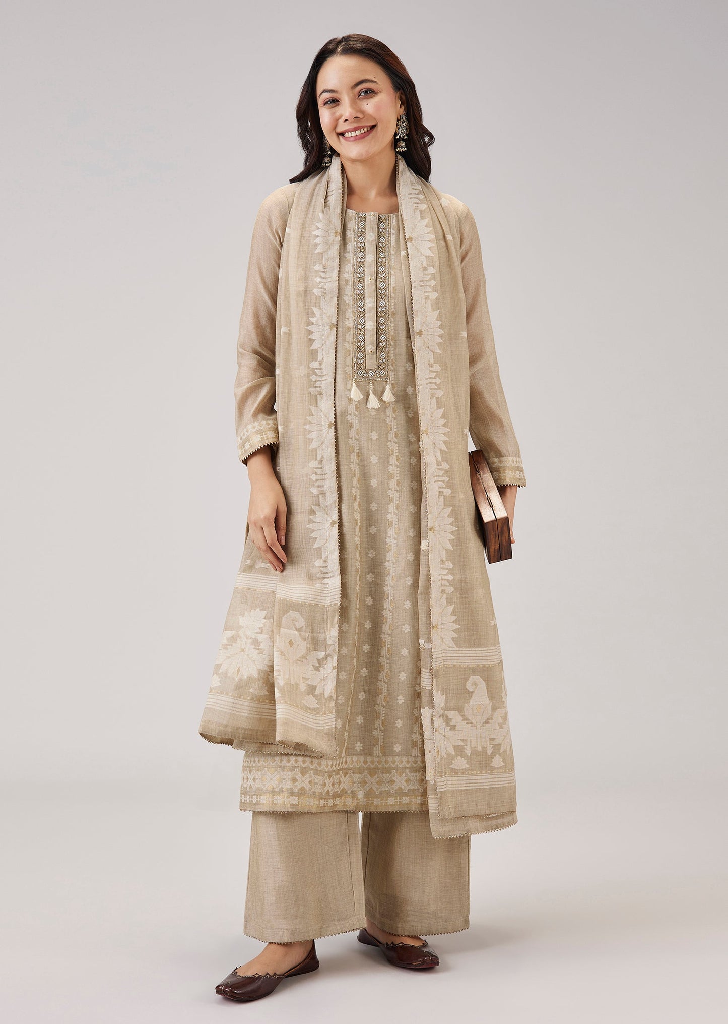 Beige Weaved Chanderi Kurta Set