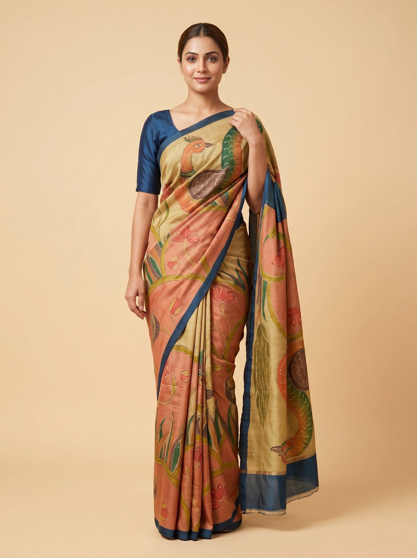 Beige Wine Fusion Printed Saree