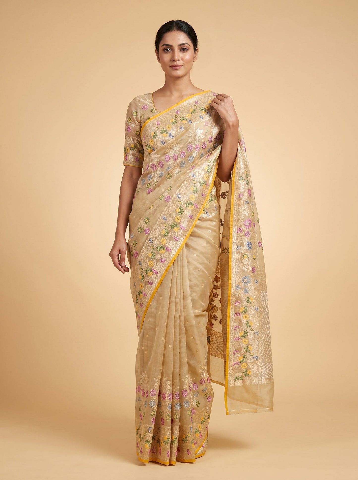 Beige Yellow Dual Tone Handloom Saree