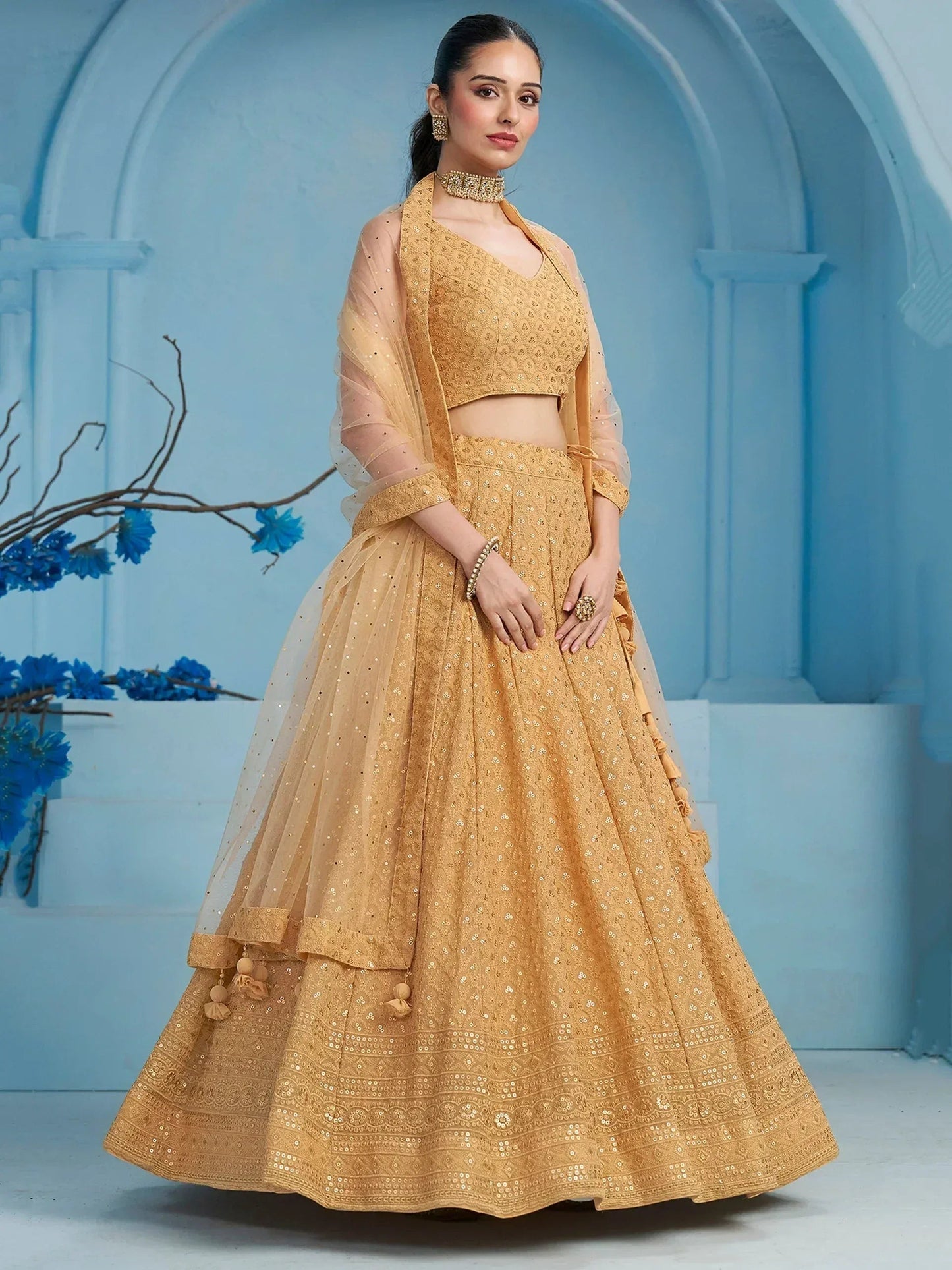 Tulsi Art Bewitching Beige Thread Embroidered Georgette Monochrome Lehenga Choli