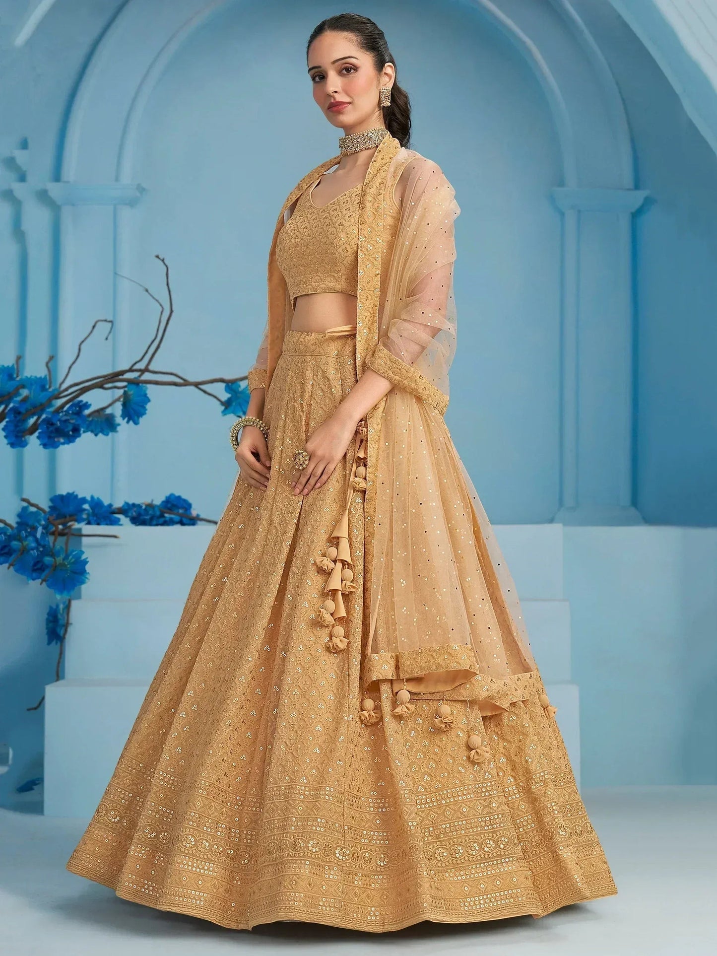 Tulsi Art Bewitching Beige Thread Embroidered Georgette Monochrome Lehenga Choli