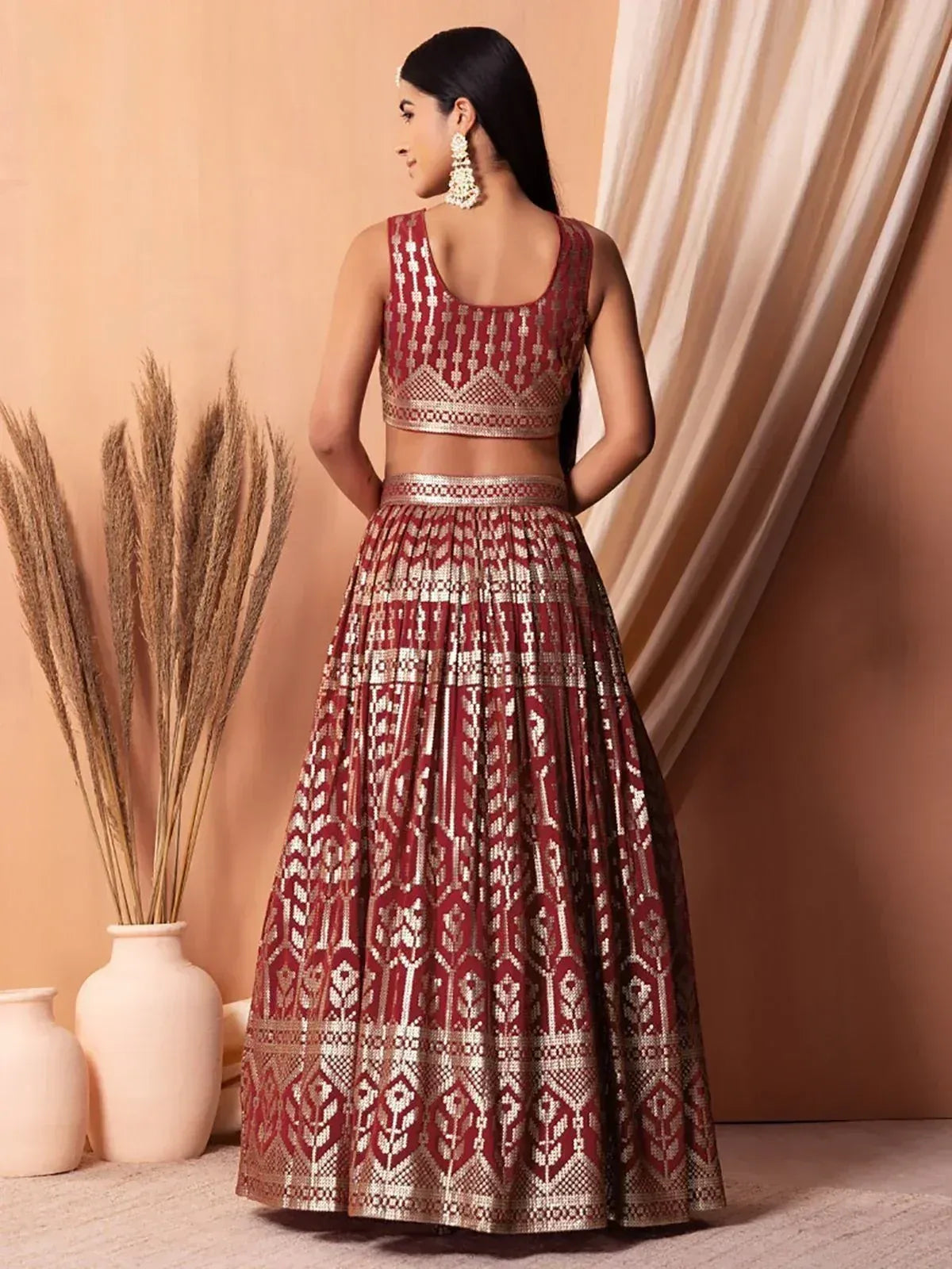 Tulsi Art Bewitching Maroon Sequins Georgette Wedding Wear Lehenga Choli