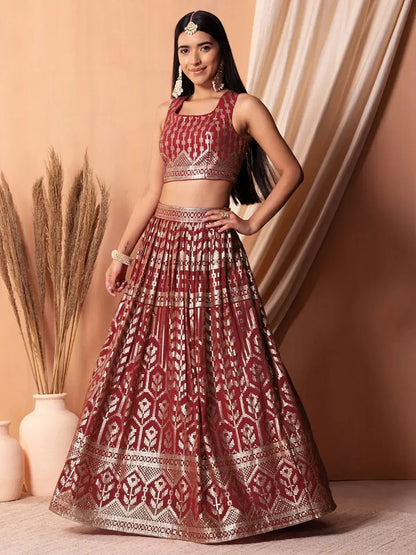 Tulsi Art Bewitching Maroon Sequins Georgette Wedding Wear Lehenga Choli