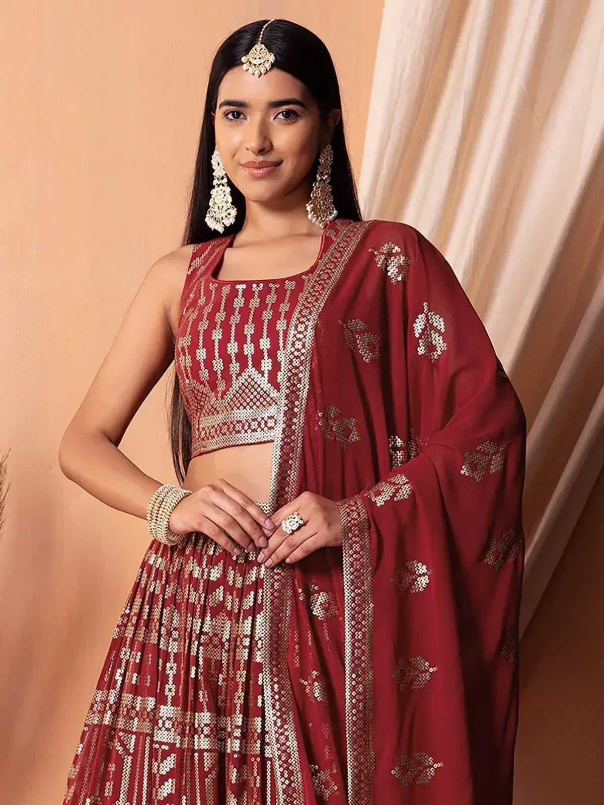 Tulsi Art Bewitching Maroon Sequins Georgette Wedding Wear Lehenga Choli