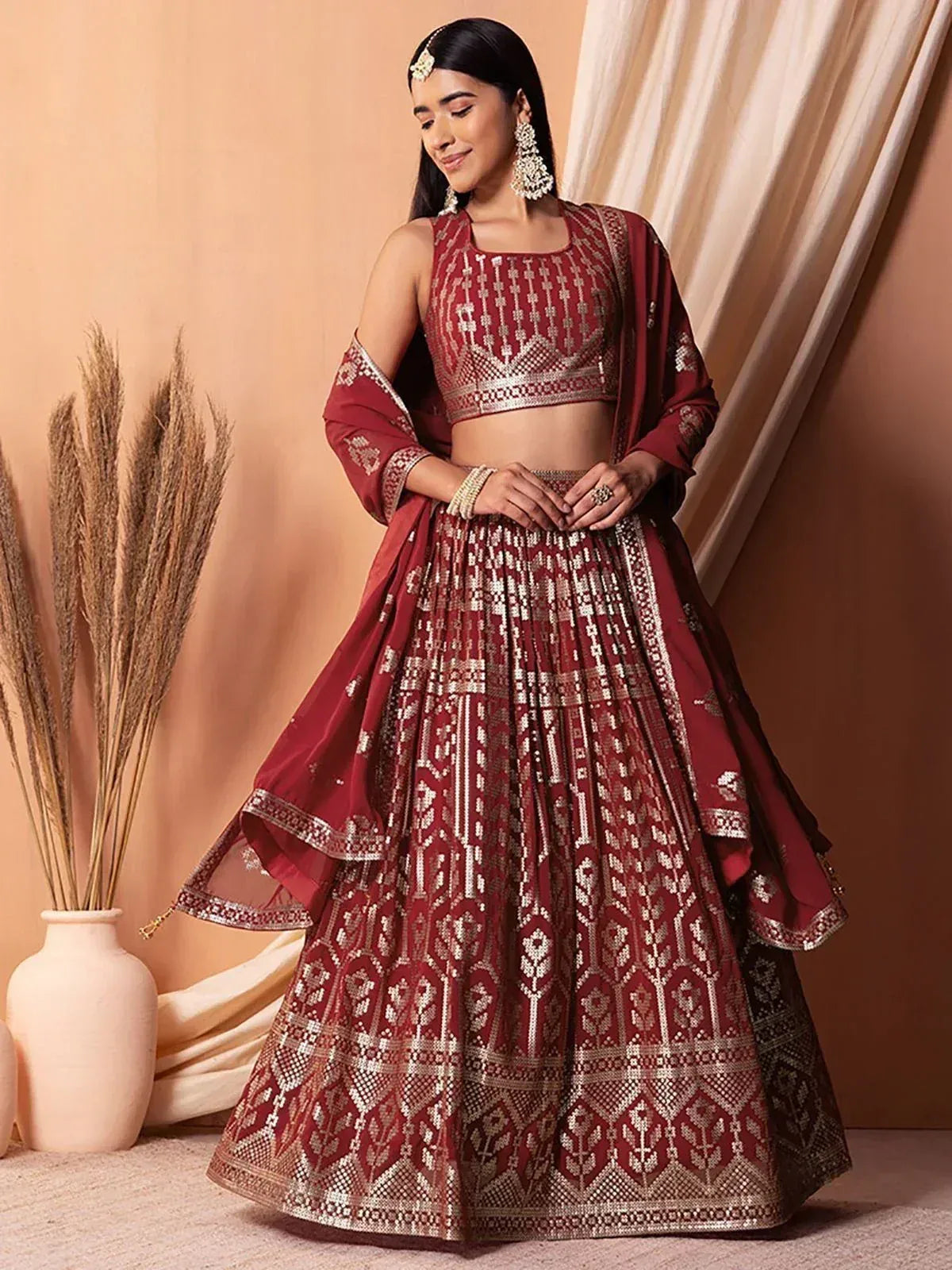 Tulsi Art Bewitching Maroon Sequins Georgette Wedding Wear Lehenga Choli