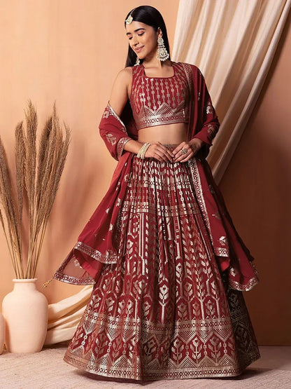 Tulsi Art Bewitching Maroon Sequins Georgette Wedding Wear Lehenga Choli
