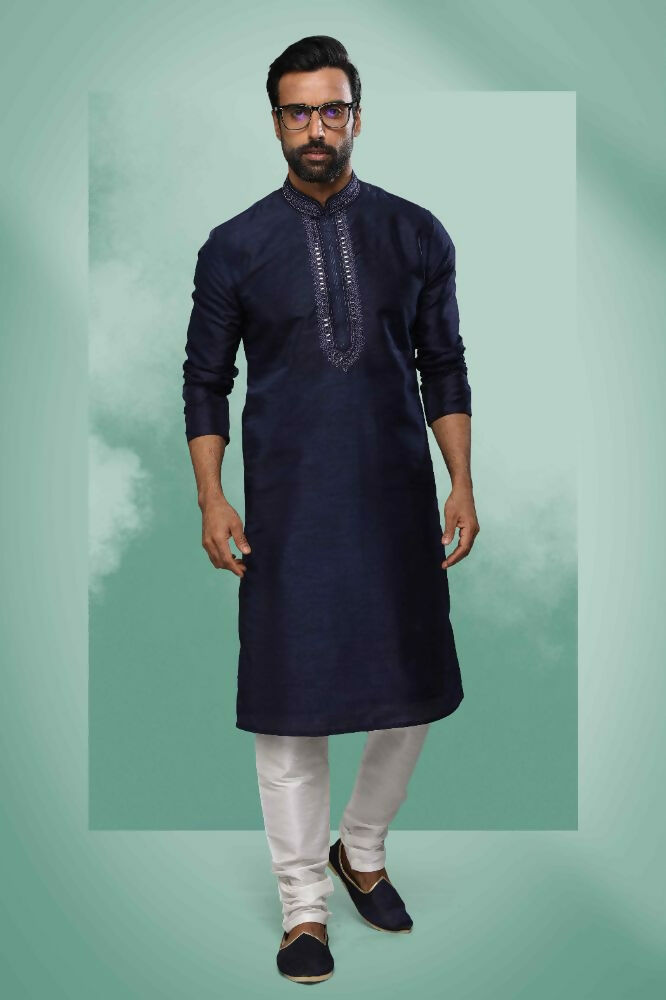 Raivat Ethnic Art Silk Mirror Embroidery Work Kurta Pajama In Blue Colour