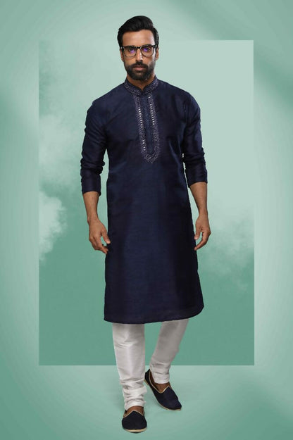 Raivat Ethnic Art Silk Mirror Embroidery Work Kurta Pajama In Blue Colour