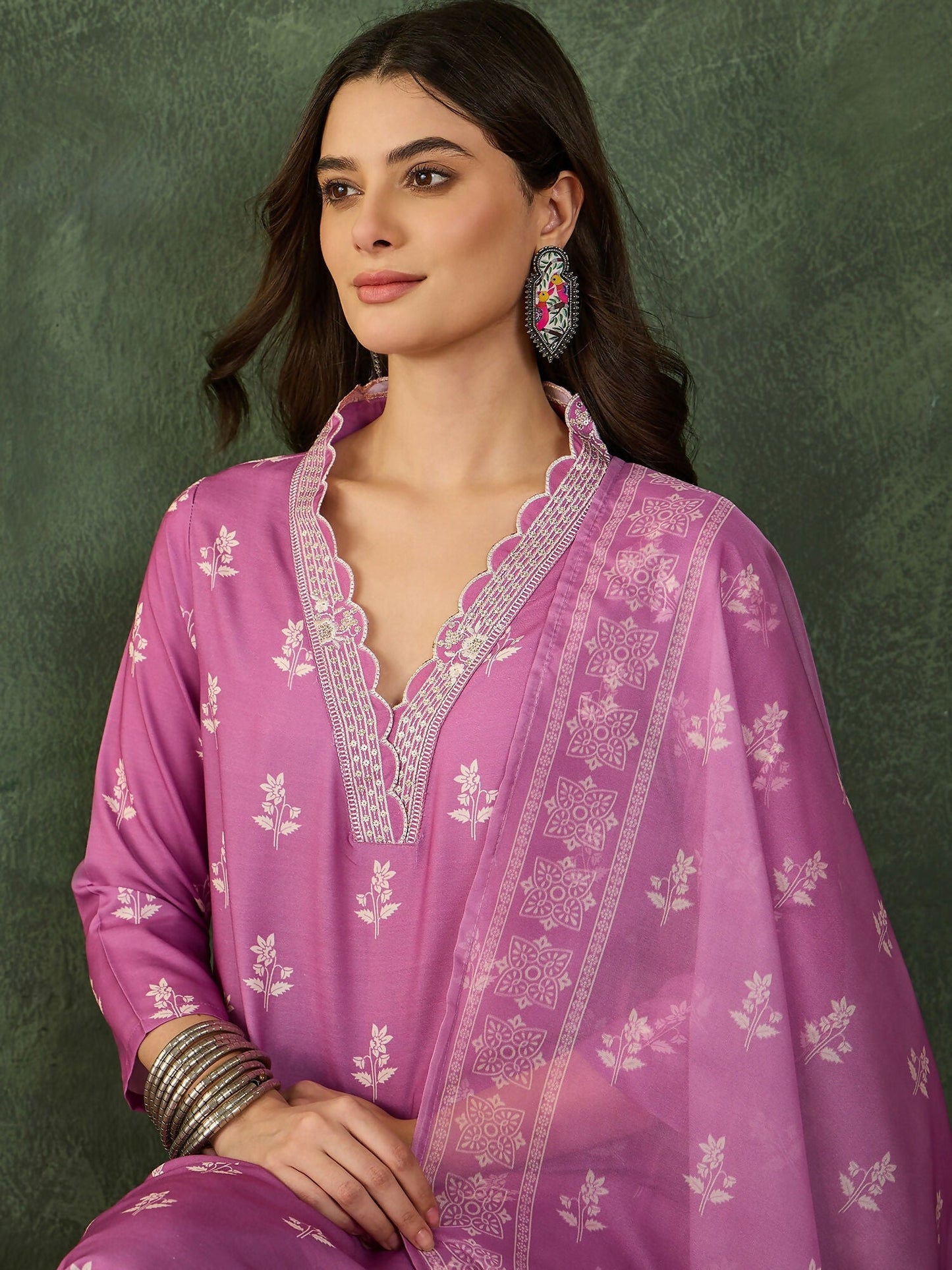 The52 Women's Gorgeous Rayon Fabric Printed Work Straight Kurta Pant and Dupatta Set-Onion
