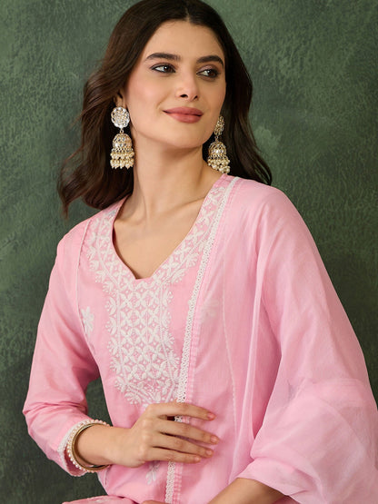 The52 Women's Beautiful Thread Work Cotton satin Fabric Flared Kurta Pant and Dupatta Set-Peach