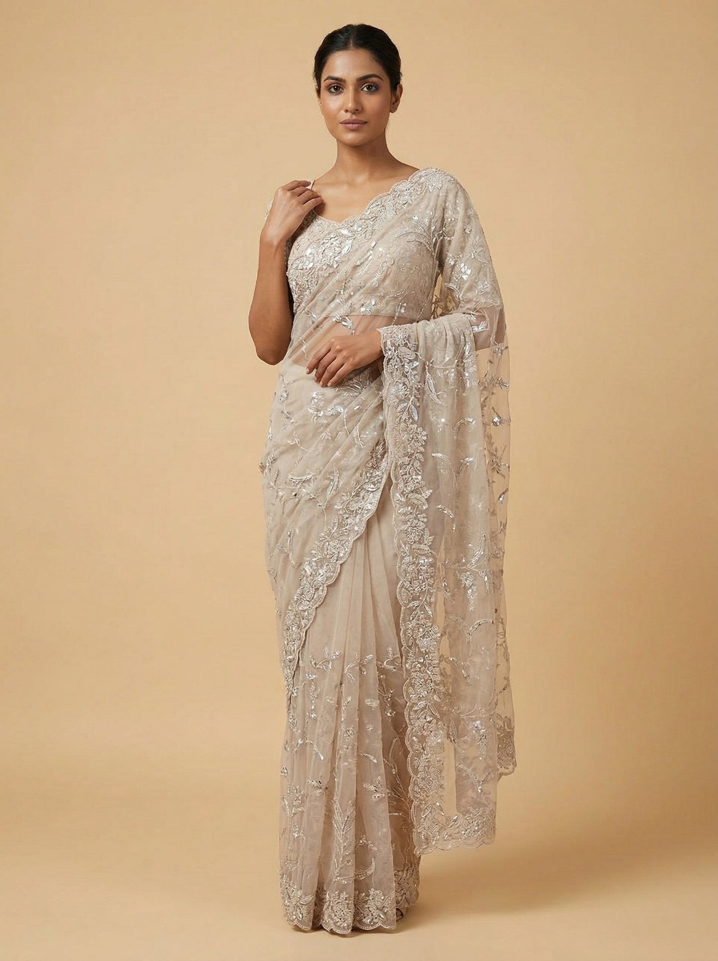 Bisque Beige Embroidered Saree