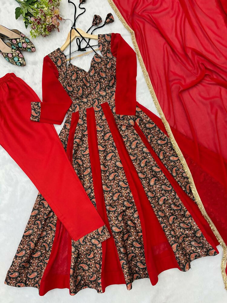 Teeya Creation Women's Red Black Paisley Print Anarkali Gown Set with Dupatta Festive Ethnic Wear