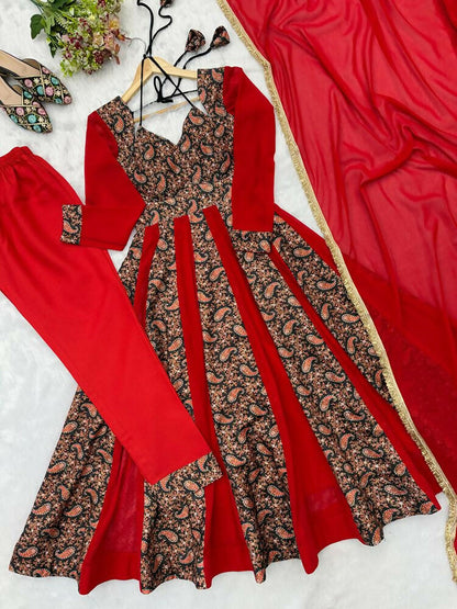 Teeya Creation Women's Red Black Paisley Print Anarkali Gown Set with Dupatta Festive Ethnic Wear
