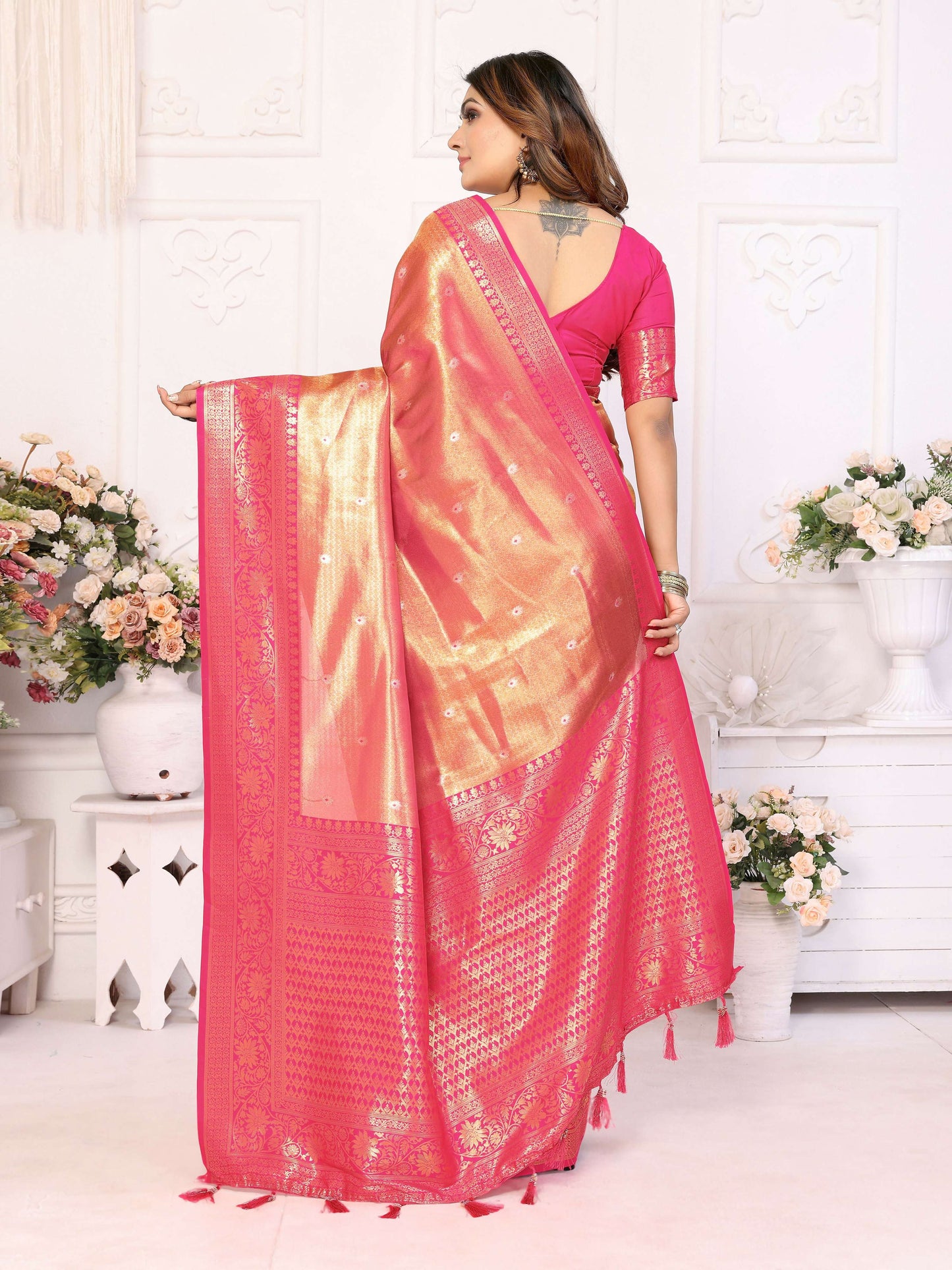 Aastha Fashion Pink Tissue Silk Weaving Saree
