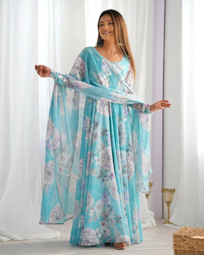 The52 Women's Gorgeous Printed Fox Georgette Fabric Flared Anarkali and Dupatta Set-Sky