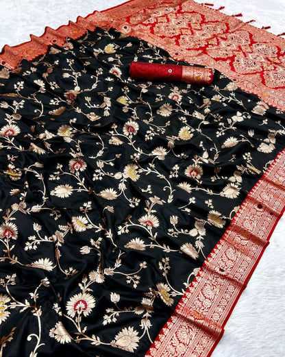 Mameraa Sarees Black Soft Silk Blend Saree With Zari Weaving Meenakari Design-Black