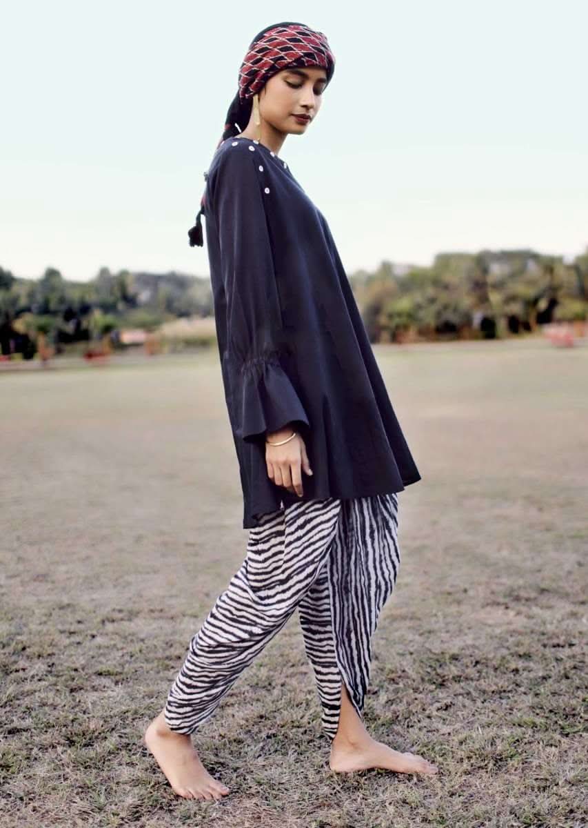 Black And White Dhoti Suit In Cotton With Printed Zebra Stripes And Long Sleeves With Bell Cuffs