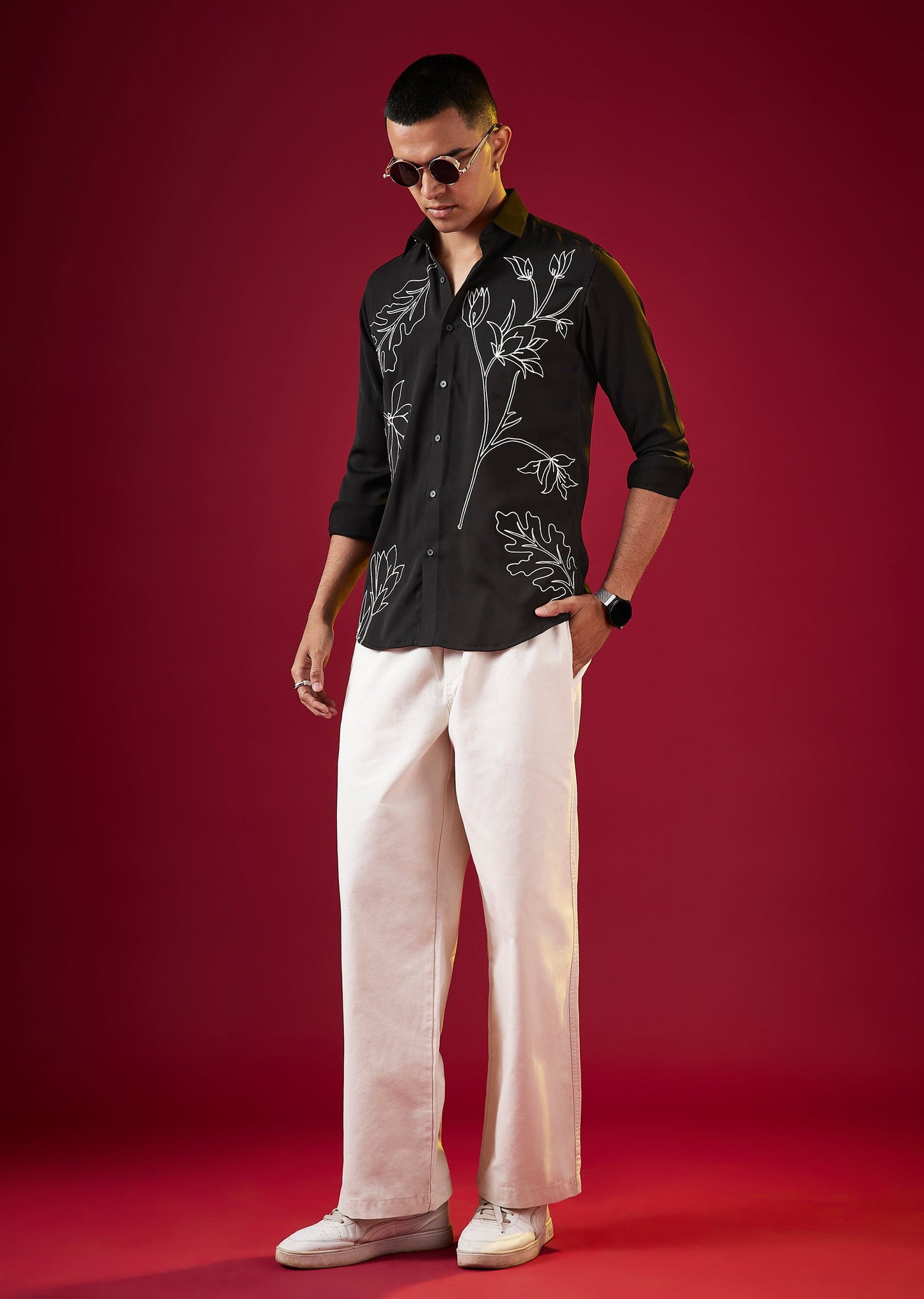 Black Applique Embroidered Floral Mens Shirt