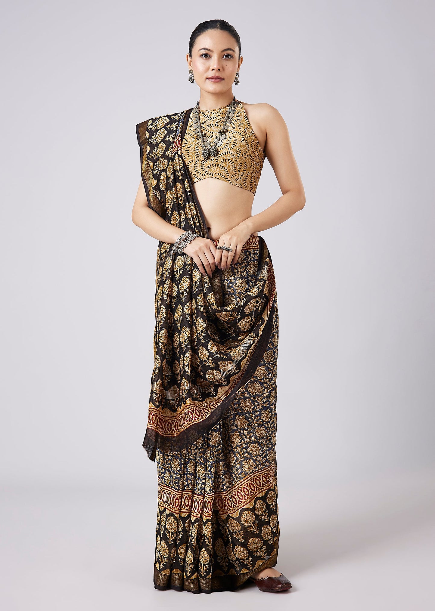 Black Block Printed Motif Saree with Unstitched Blouse