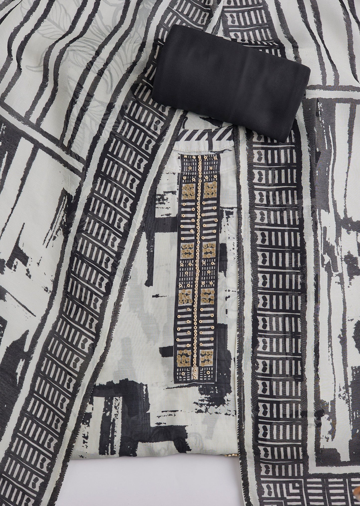 Black Cotton Printed Unstitched Suit Set With Dupatta