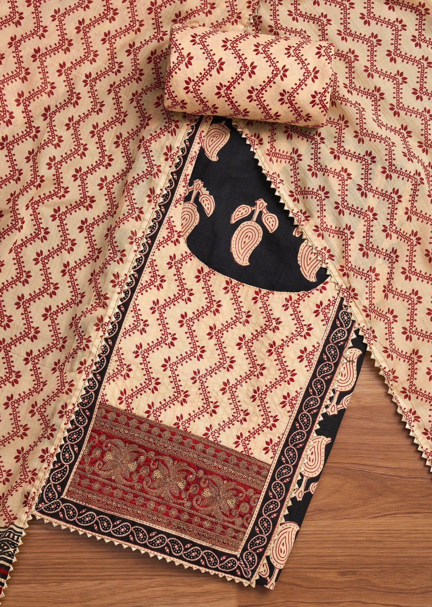 Black Cotton Printed Unstitched Suit with Dupatta and Bottom Fabric