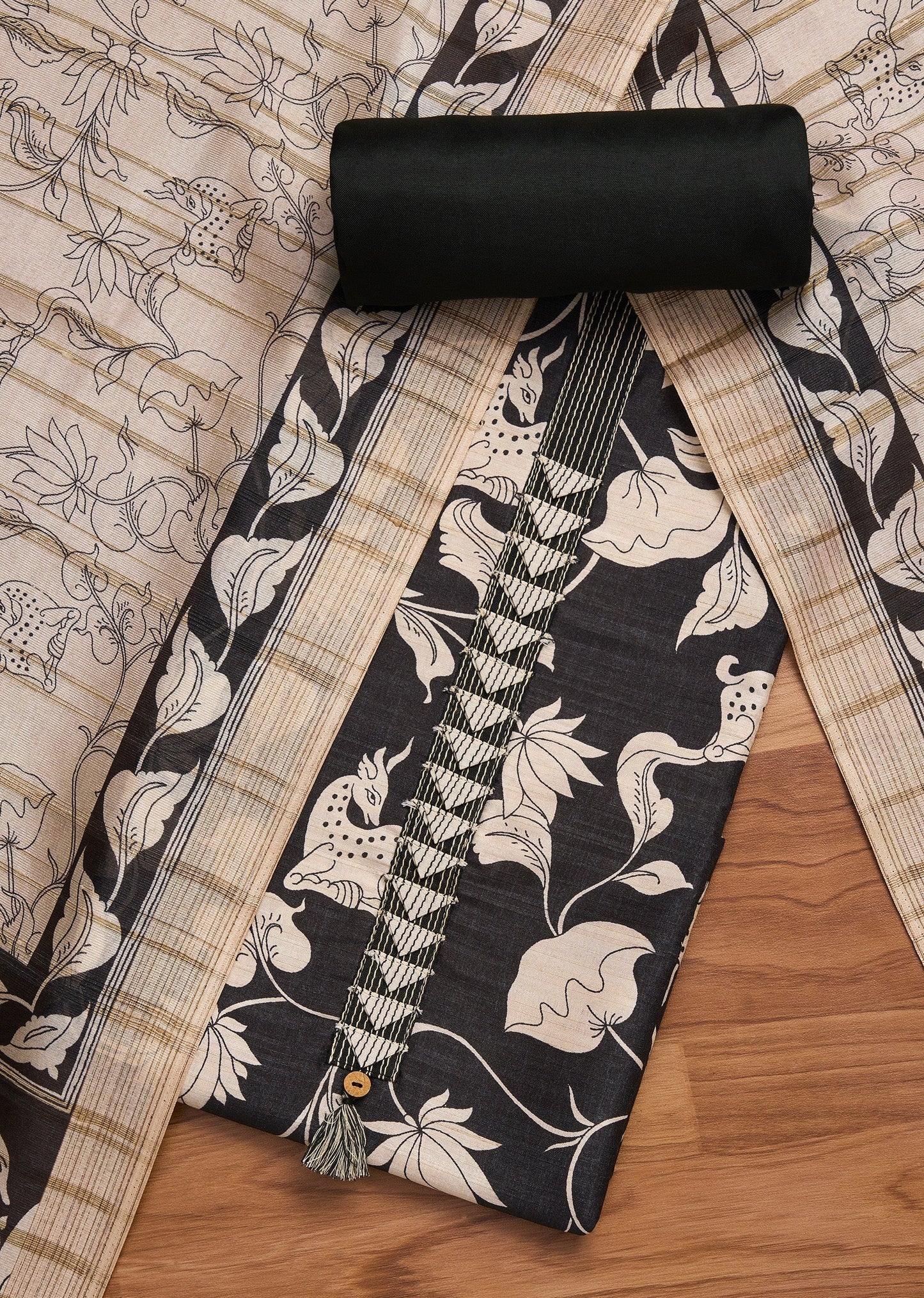 Black Cotton Printed Unstitched Suit And Dupatta and Bottom Fabric