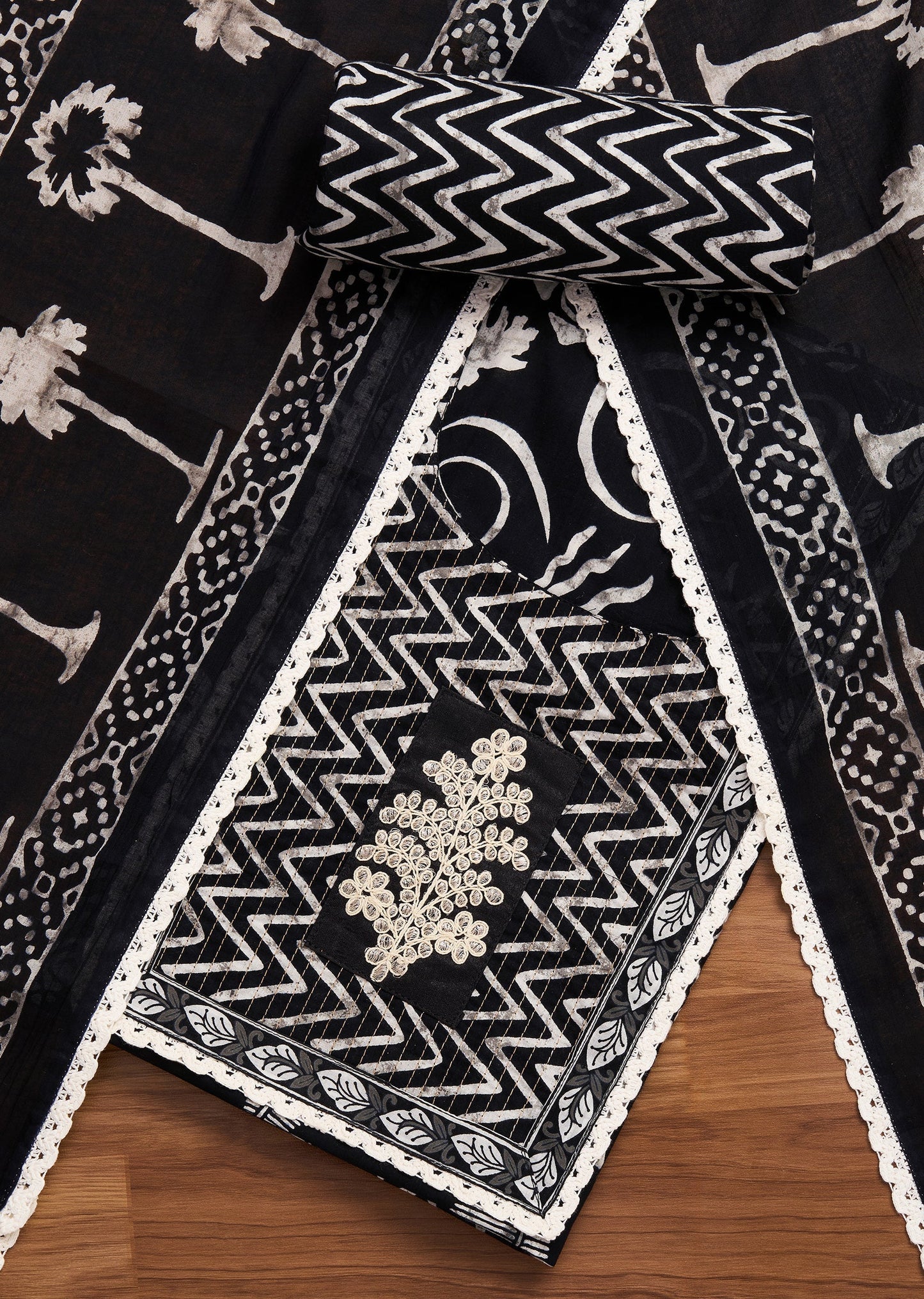 Black Cotton Printed Unstitched Suit With Dupatta