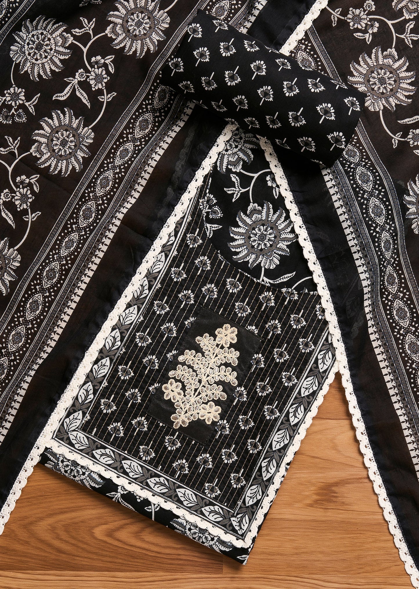 Black Cotton Unstitched Suit