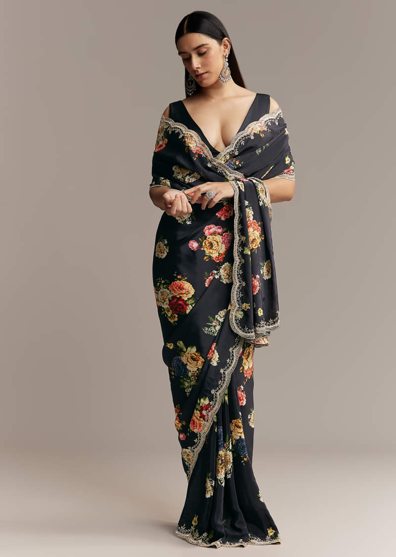 Black Crepe Saree With Floral Digital Print And Sequin Border